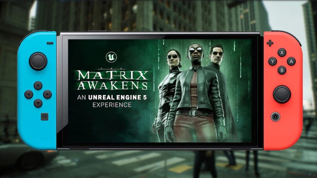 Una Nintendo Switch con dentro i personaggi di Matrix Awakens