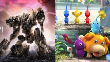 Un robot di Armored Core 6: Fires of Rubicon con al fianco i Pikmin di Pikmin 4
