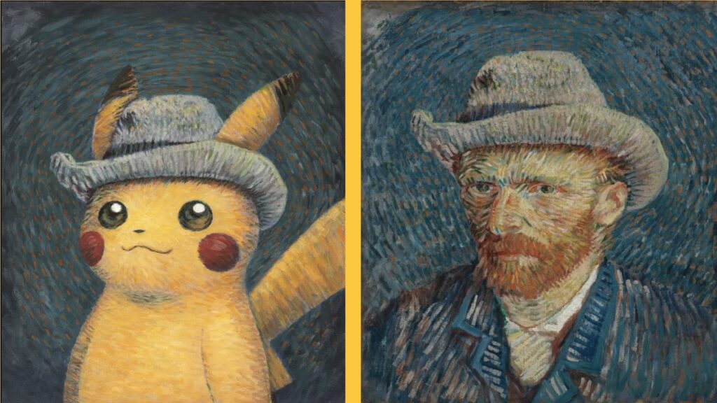 Un Pikachu di Pokémon con al fianco Van Gogh