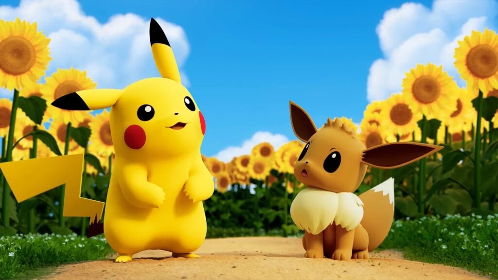 Pikachu e Eevee in un campo di girasoli