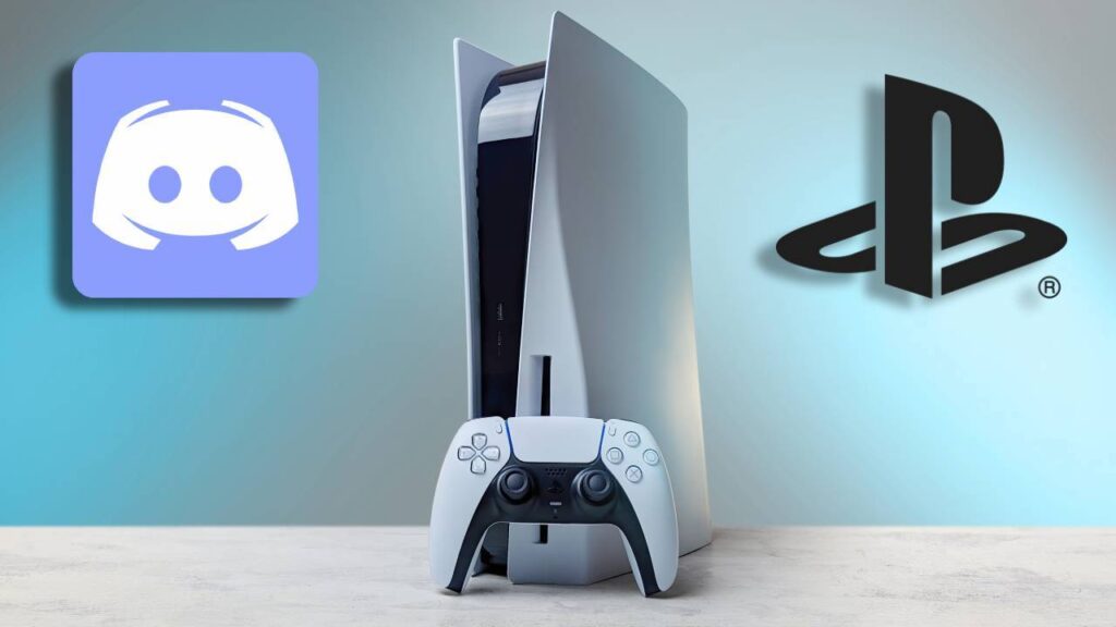 Una PS5 in verticale con al fianco il logo di Discord e della PlayStation