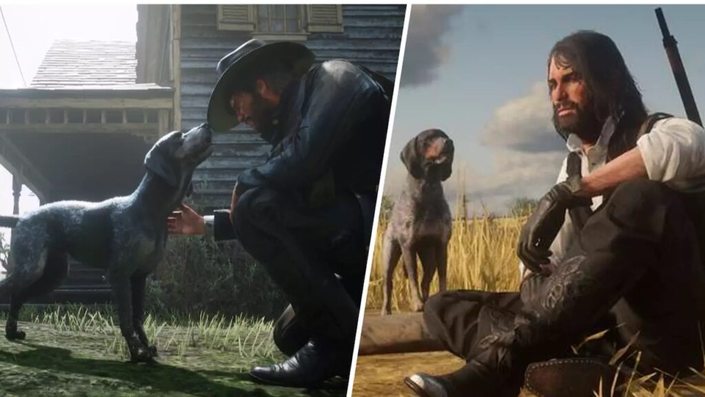 I due protagonisti di Red Dead Redemption 2 con dei cani