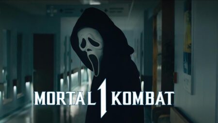 Ghostface sull sdondo e logo mortal kombat 1