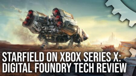 Starfield è impressionante su Xbox Series X, secondo Digital Foundry Un'astronave di Starfield con in risalto i loghi di Digital Foundry