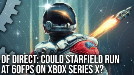 Il protagonista di Starfield con in sovrimpressione i loghi di Digital Foundry