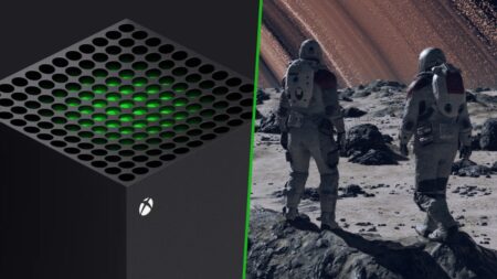 Una Xbox Series X con al fianco due personaggi di Starfield