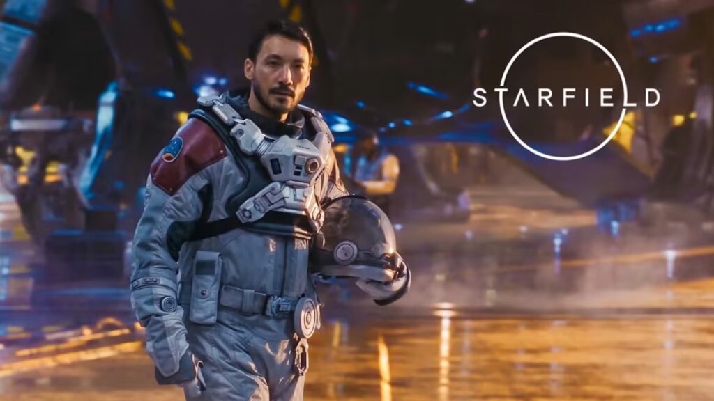 Un esploratore dello spazio con in alto a destra il logo di Starfield