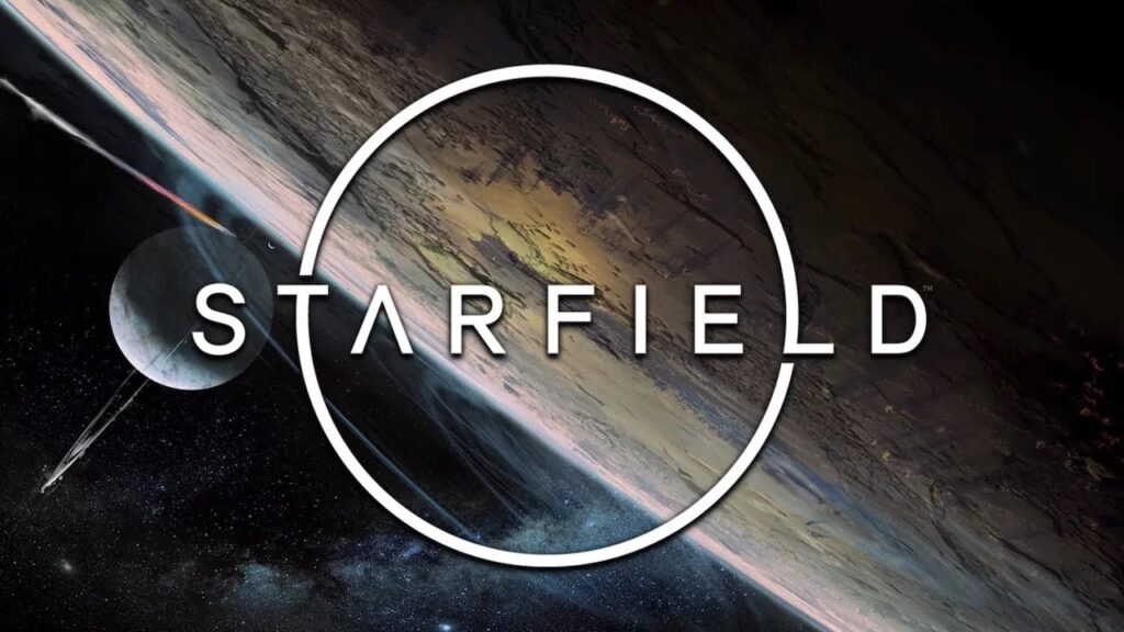 Il logo di Starfield con un pianeta sulla sfondo
