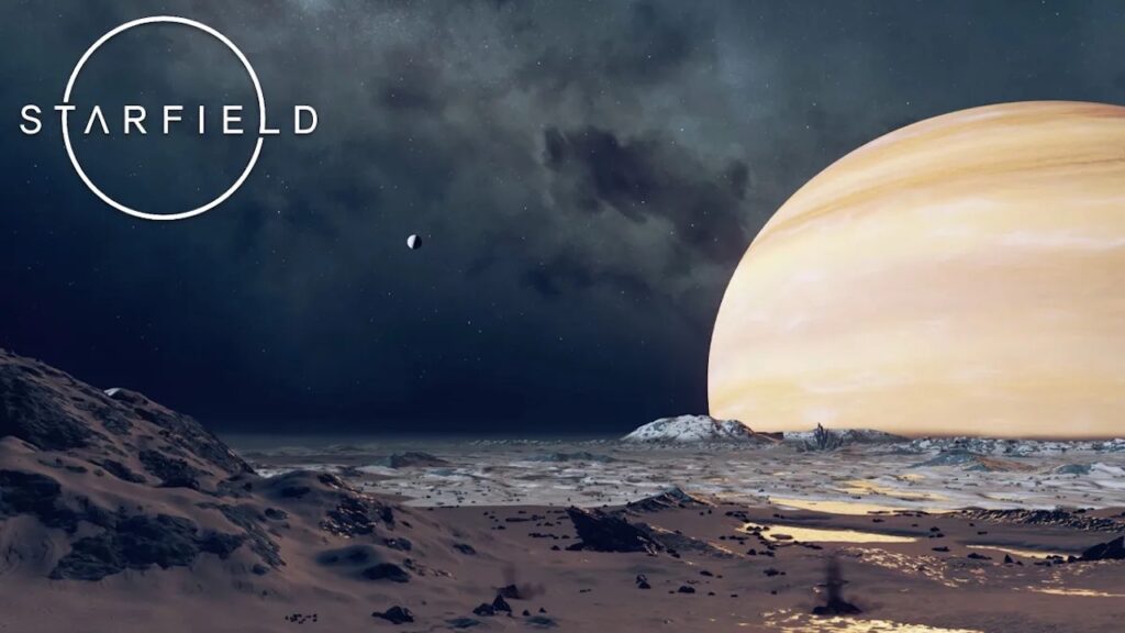 Un pianeta di Starfield con il logo sullo in alto a sinistra