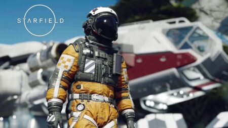Starfield supera i 300.000 giocatori in contemporanea su Steam Il protagonista di Starfield in primo piano con un'astronave dietro