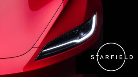 Starfield giocato su una Tesla grazie al Cloud muso con faro della tesla e logo starfield