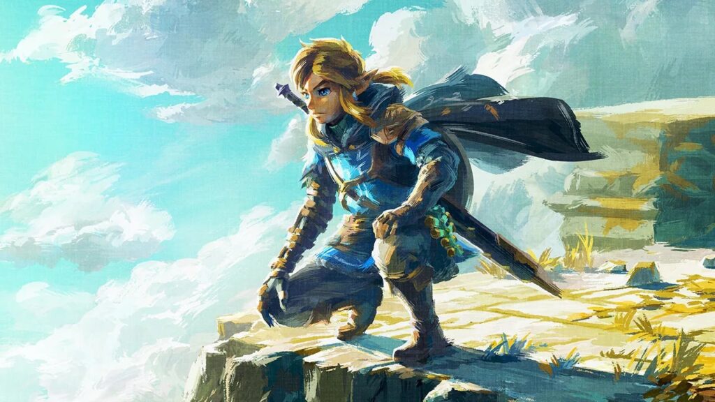 Link di The Legend of Zelda: Tears of the Kingdom su una scogliera