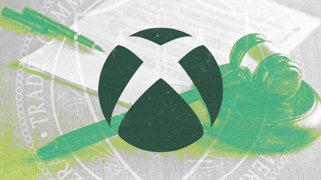 Il logo di Xbox con dietro un martello di legno del tribunale con l'FTC
