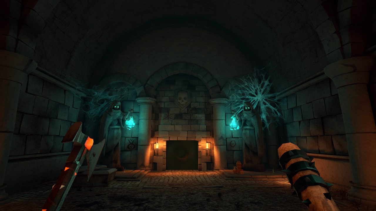 Guerriero esplora un dungeon oscuro con due statue spaventose