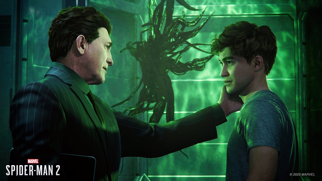 Harry e Norman Osborn si confrontano. Sullo sfondo, il simbionte.