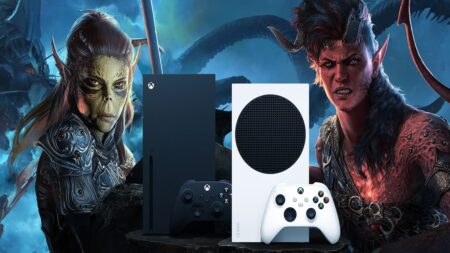 Due personaggi di Baldur's Gate 3 con davanti una Xbox Series X ed una Series S