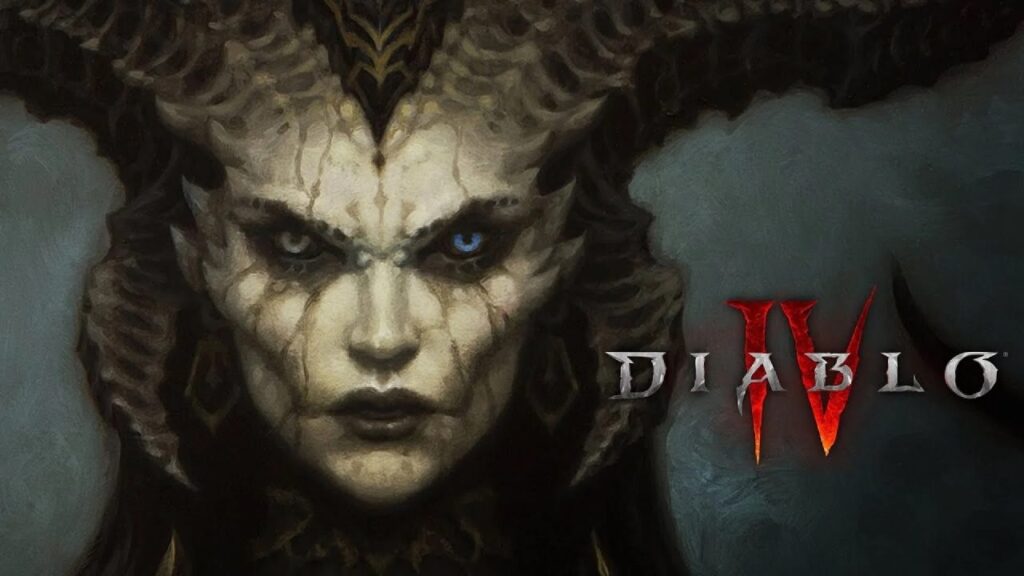 Lilith di Diablo 4 con il logo del gioco