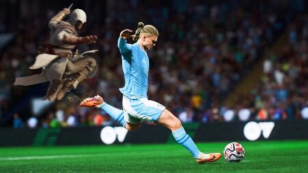 Haaland di EA Sports FC 24 con dietro un assassino di Assassin's Creed