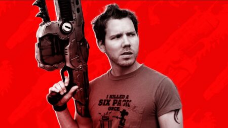 Cliff Bleszinski di Gears of War con uno sfondo rosso