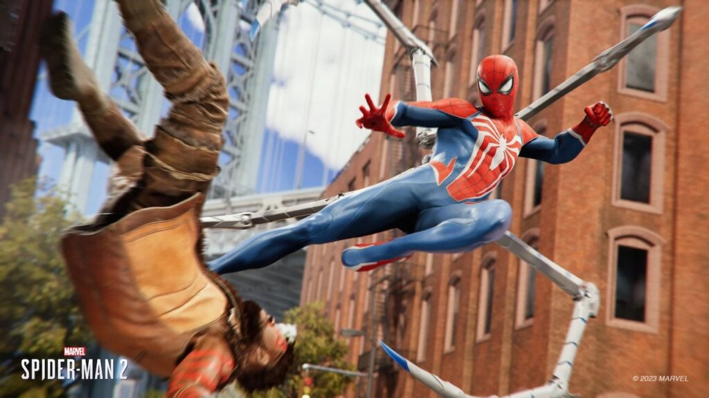 Peter Parker di Marvel's Spider-Man 2 mentre tira un calcio ad un nemico