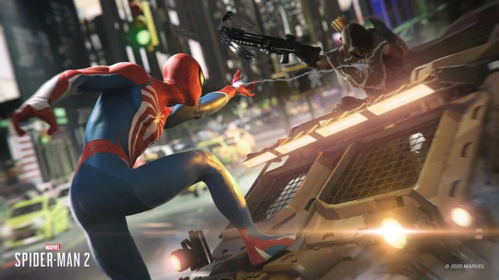 Spider-Man di Marvel's Spider-Man 2 mentre lancia la ragnatela