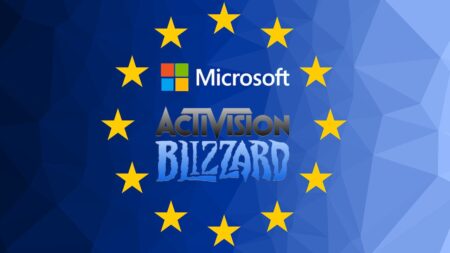 I loghi di Microsoft e Activision Blizzard con le bandiere dell'UE