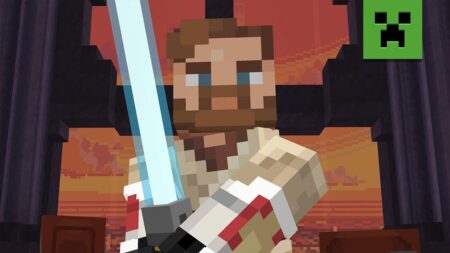 Il protagonista di Minecraft Star Wars: Path of the Jedi con una spada laser