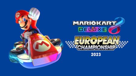 Super Mario su un Kart e con al fianco il logo del Nintendo European Championship 2023