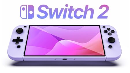 Una Nintendo Switch 2 con il logo viola