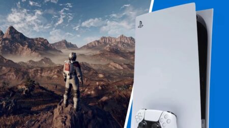Il protagonista di Starfield con al fianco una PS5 in verticale