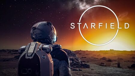 Il protagonista di Starfield con sullo sfondo il logo del gioco