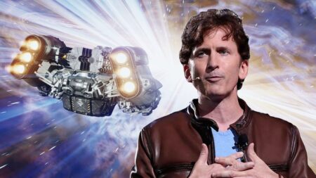 Todd Howard con dietro un'astronave di Starfield nello spazio