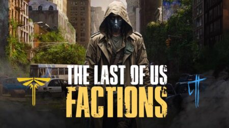 palazzi in rovina con un personaggio incappucciato e il logo the last of us factions