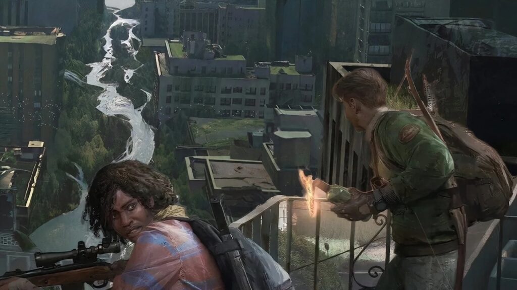 Due personaggi di The Last of Us Multiplayer su un tetto