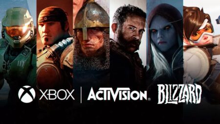 Il logo di Xbox ed Activision Blizzard con dietro alcuni giochi