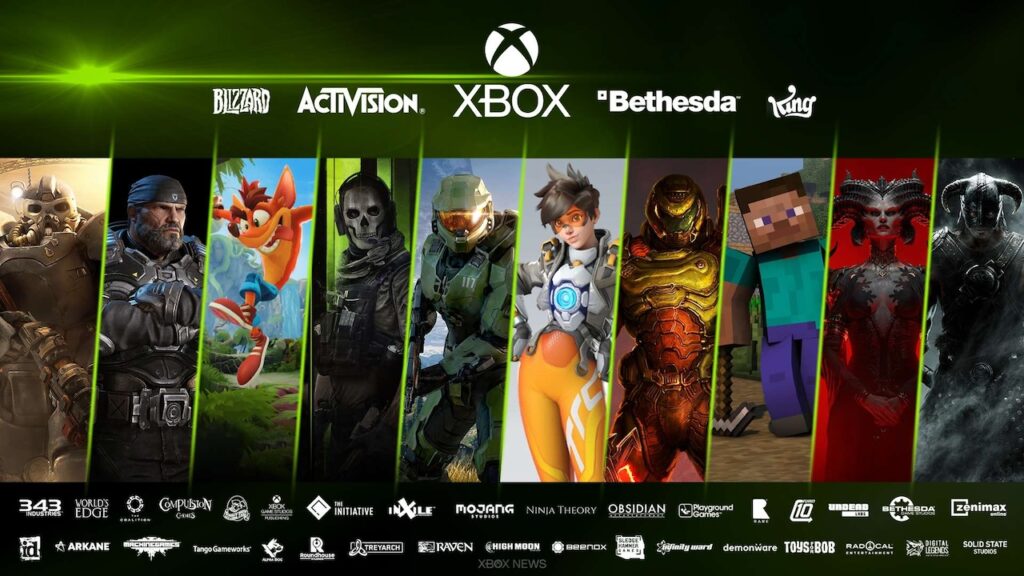 I loghi di Xbox e Bethesda ed Activision Blizzard King con dietro dei giochi
