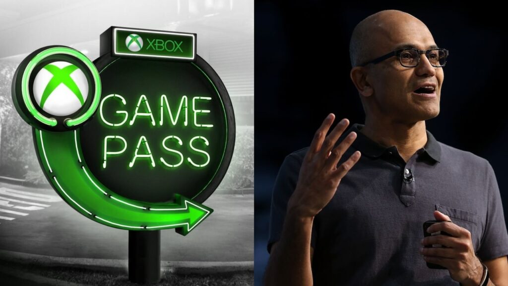 Il logo di Xbox Game Pass con al fianco Satya Nadella