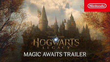 Il castello di Hogwarts Legacy con il logo di Nintendo Switch in alto a destra