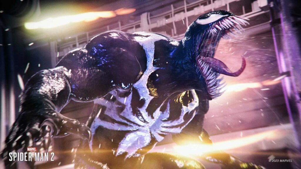 Venom di Marvel's Spider-Man 2 di profilo che urla furente