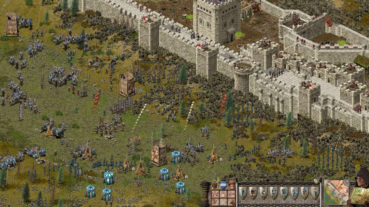 Assalto a un castello esteso, con un intero esercito che attacca le mura.