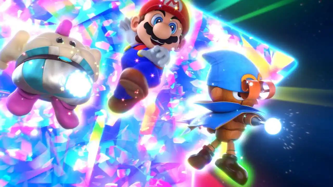 Mario, Geno e Mallow combattono davanti a una stella gigante