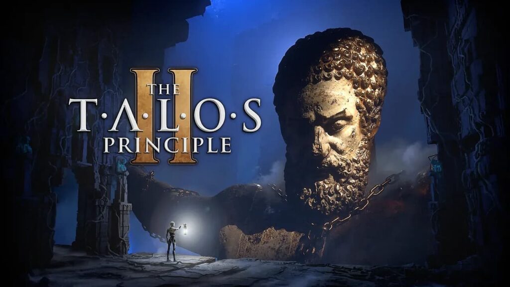 Copertina di The Talos Principle 2, automa illumina una statua incatenata di Prometeo