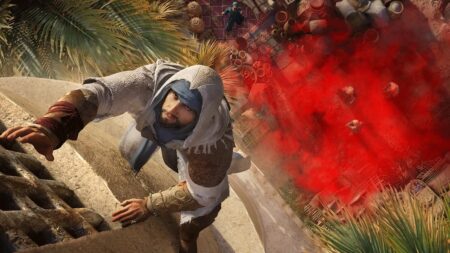 Basim di Assassin's Creed Mirage mentre scala un edificio