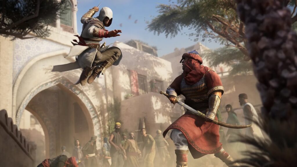Assassin’s Creed, Ubisoft Bordeaux è al lavoro su un nuovo capitolo della serie Basim di Assassin's Creed Mirage mentre sta per uccidere un nemico con un salto