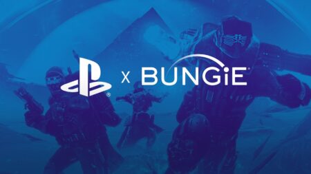 Il logo di PlayStation e Bungie su uno sfondo blu