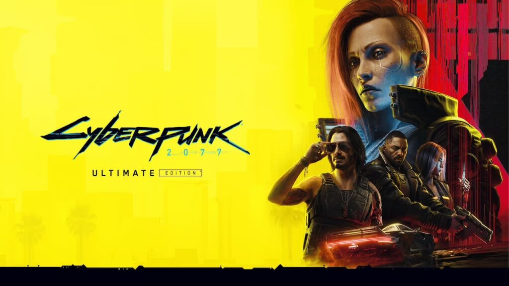 I personaggi principali di Cyberpunk 2077: Ultimate Edition su uno sfondo giallo