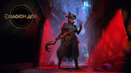 Un personaggio di Dragon Age: Dreadwolf in primo piano con il logo in alto
