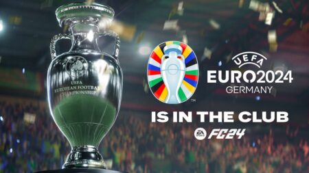 La coppa di UEFA Euro 2024 in primo piani con il logo di EA Sports FC 24