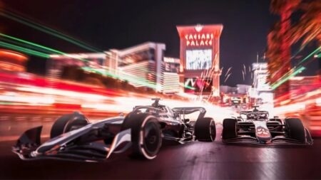 F1 23 ed il Las Vegas Grand Prix 2023 con un weekend di gioco gratuito e tante iniziative Due auto di F1 23 in pista
