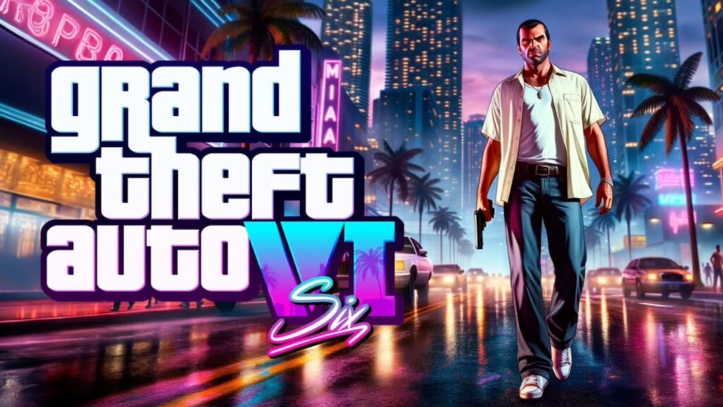 Il logo di GTA 6 con un uomo che cammina in strada